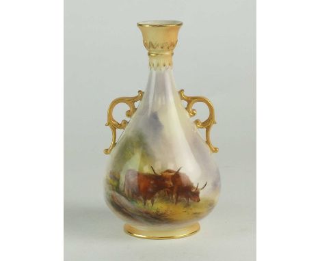 A Royal Worcester vase painted by Harry Stinton with Highland Cattledated 1909of ovoid form with twin-scroll handles, artist 