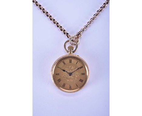 A lady's 18ct gold open face pocket watchDate: Circa 1900Movement: Unsigned, bridge plate, stem wind and setDial: Gold engrav