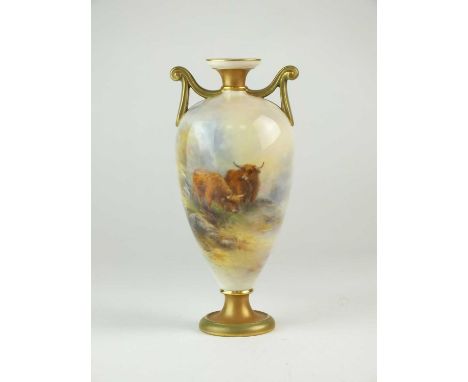 A Royal Worcester vase painted with Highland Cattle by Harry Stintondate mark rubbed but probably circa 1910of pedestal ovoid