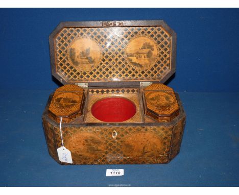 An unusual 19th c Mauchline ware Tea Caddy decorated with scenes of houses in round panels on a lattice ground to the exterio
