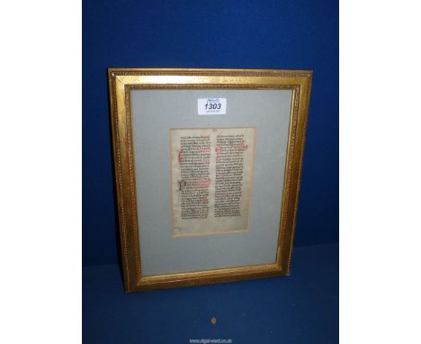 A page of Latin manuscript on vellum, mid-14th century, with fine ornamental rubricated initials, 6'' high x 4 3/8'' wide, fr