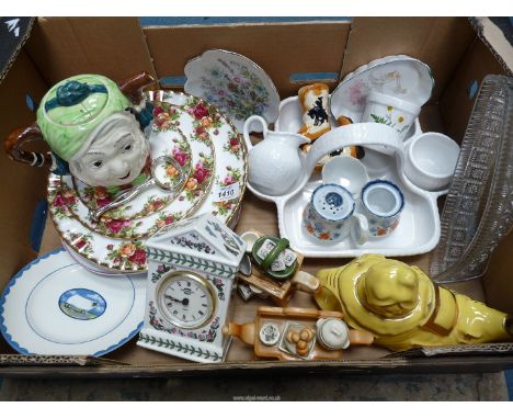A quantity of china including Royal Albert 'Old Country Roses' cake stand (two stays missing), Portmeirion clock and novelty 