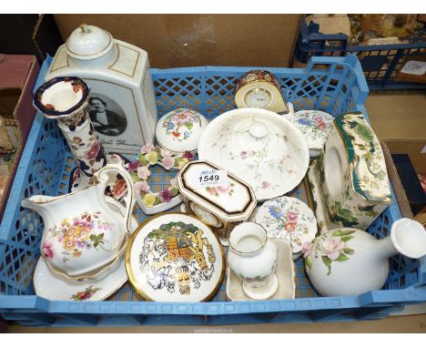 A quantity of mixed china to include; Wedgwood clock, Coalport, Aynsley and Crown Derby 'Posies' cream jug, Mason's Mandelay 