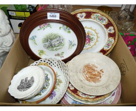 A small quantity of plates and display plates including Royal Albert Cats at play, some souvenir trinket dishes.