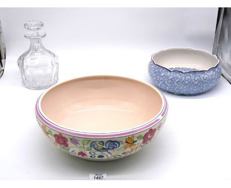 A large Poole Pottery bowl (cracked), Fenton fruit bowl (hairline) and a heavy squat glass decanter.