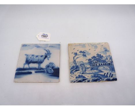 An 18th century Dutch delft Tile, well painted with a figure of a goat, 5'' square approx. and another similar very well pain