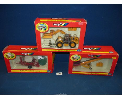 Three boxed Britains models;  Kverneland Bale wrapper, Fyson Elevator and bales and JCB Load all complete with Forklift and B