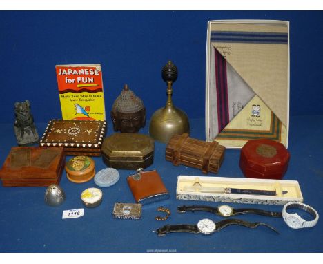 A quantity of miscellanea including brass bell, inlaid card boxes, trinket pots, Buddha head, Japanese Rugby Club handkerchie