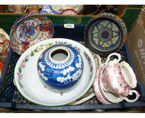 A small quantity of china including; 'Worcester Herbs' fruit bowl, Spode sucrier (no lid), Oriental bowl and ginger jar (no l