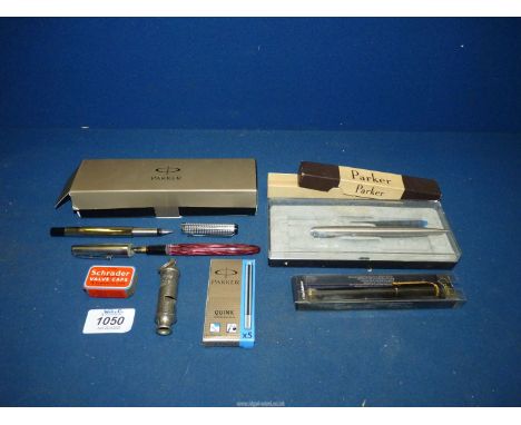 A Platinum Gold Tone Quick Change fountain pen, Parker cartridge pen, Calibri pen lighter, Acme Boy Scouts whistle, etc.