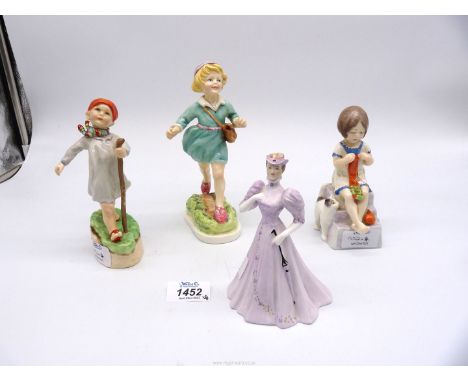 Three Royal Worcester figures 'Saturday's child' and two 'Thursday's child', plus Coalport figure 'Christine' in lilac dress.