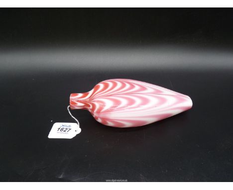 A fine Nailsea Glass Flask, circa 1840, with pink trailed decoration (collectors ticket), 20 cms long