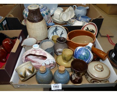 A quantity of Studio Pottery including Godshill handled bowl with design, Alvingham egg cups, Tenby vase, Harstad Nordic trin