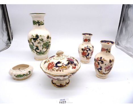 A quantity of Mason's china including blue Mandalay small vases and sweet dish and Chartreuse vase, 10" tall and trinket pot.