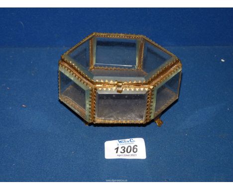 A Palais Royale type trinket box, late 19th century, with bevelled glass panels in a gilt brass setting, 4 1/2'' max width x 