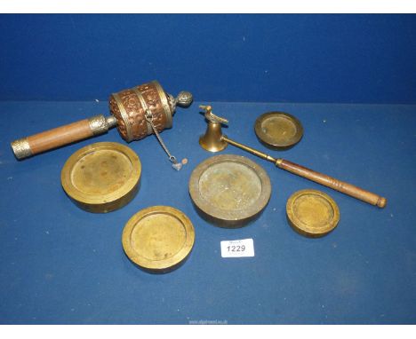 A quantity of four scale weights plus Tibetan Prayer wheel and a Candle snuffer.