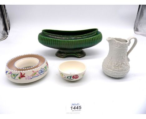 A green Majolica boat shaped posy vase (10" long), a Portmeirion 'Parian' moulded jar, a Poole pottery circular flower trough