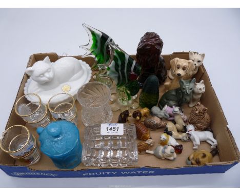 A quantity of china and some glass to include china cats, dogs and Whimsies, trinket dish and posy dish, shot glasses, butter