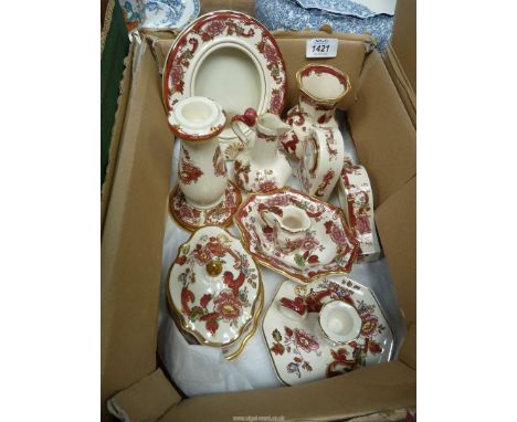 A quantity of Mason's Red Mandalay china including two small mantle clocks, photo frame, candlestick, chamberstick, small vas