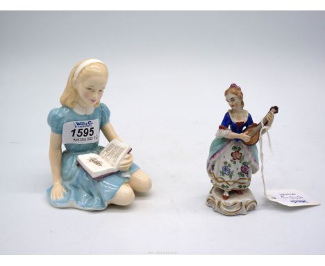 A Dresden Sitzendorf Lady in floral dress playing Ukelele and Royal Doulton Alice in Wonderland figurem 5'' tall.