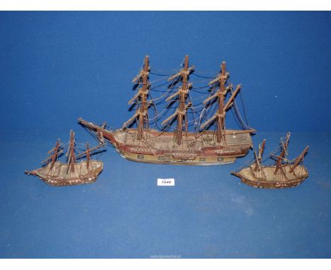 Three hobby made model ships, two with cork hulls.