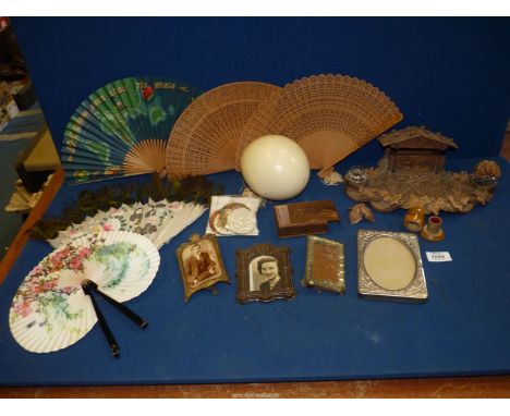 A quantity of miscellanea including unusual wooden Standish in the form of a log cabin with glass inkwells topped by leaf sha
