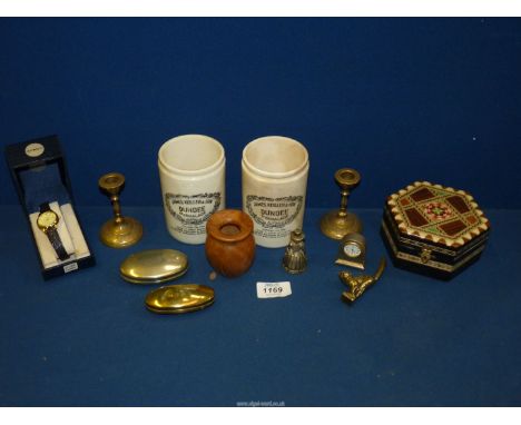 A quantity of miscellanea to include two small brass candlesticks, snuff box and cat, plated snuff box, trinket box, Sekonda 
