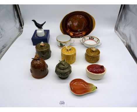 A small quantity of china including; five Honey Pots decorated with bees, large Cartier cup and soup bowl, a pair of Carltonw