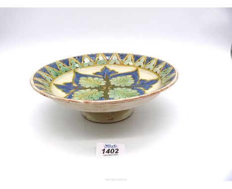 A Della Robbia footed bowl signed J. F. for John Fogo (chip under rim of foot). 9 1/4" diameter x 3" tall.