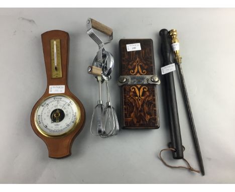 GROUP OF HOUSEHOLD COLLECTIBLES, including a tie press, a vintage egg whisp, a barometer, a poker and a baton