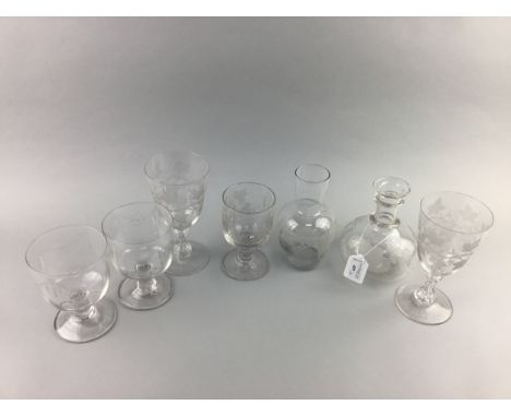 GROUP OF FIVE 19TH CENTURY AND LATER STEMMED GLASSES, including a rummer dated 1862, also a decanter and a carafe