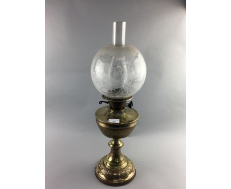 VICTORIAN BRASS OIL LAMP, with etched globe shade