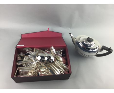 SUITE OF SILVER PLATED CUTLERY, along with a silver plated teapot