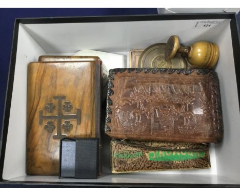 COLLECTION OF OLIVE WOOD JERUSALEM ITEMS, including a box, a New Testament Bible and egg cup, along with an 1891 diary, embos