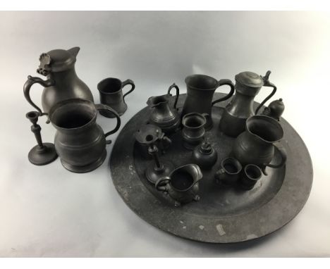 EARLY 19TH CENTURY PEWTER CHARGER, 51 diameter, along with a group of various late 18th early 19th century jugs, measures, a 