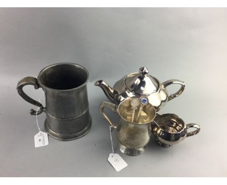 SILVER PLATED PART TEA SERVICE, along with other plated ware, and a pewter quart tankard