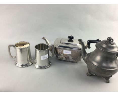 SILVER PLATED THREE PIECE TEA SERVICE, along with a silver plated basket, two tankards and a pewter tea pot