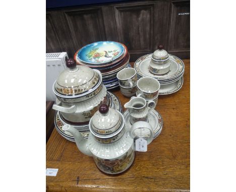 GERMAN STONEWARE PART TEA/DINNER SERVICE, along with various cabinet plates