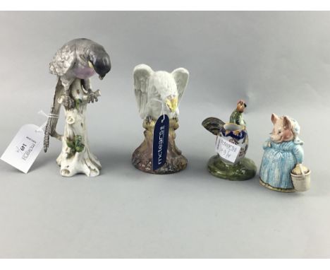 TWO GERMAN CERAMIC FIGURES OF PARROTS, along with a French faience match holder and a Beswick Aunt Pettitoes (4)