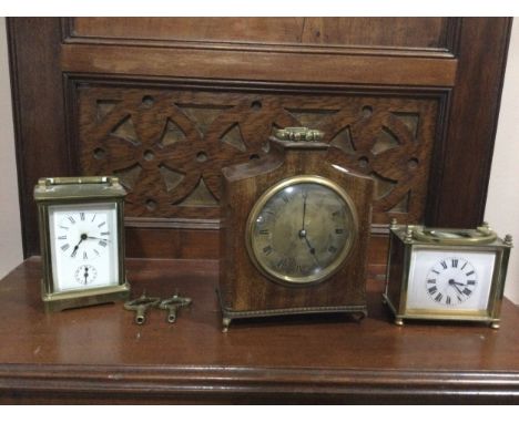 BRASS CARRIAGE CLOCK, the five glass case with swing handle, along with two other mantel clocks and a wall barometer (4)