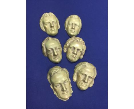 SET OF SIX CZECH CERAMIC PORTRAIT MASKS OF COMPOSERS, including Wagner; Chopin, Liszt; Beethoven; Mozart and Hayden, circa 8c