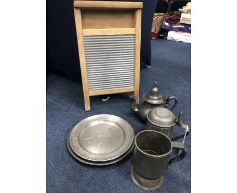 LOT OF PEWTER MUGS AND PLATES, also a ceramic basin, washboard and a casket