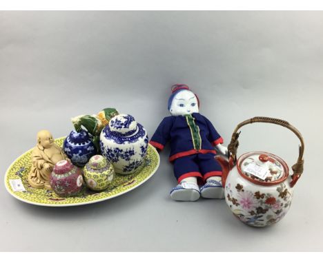 COLLECTION OF FOUR CHINESE GINGER JARS, along with other Chinese items, including a dish, a teapot, a Tang style horse, a Bud