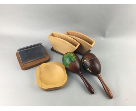 COLLECTION OF TREEN ITEMS, including coasters, a nut cracker, maraccas and other items