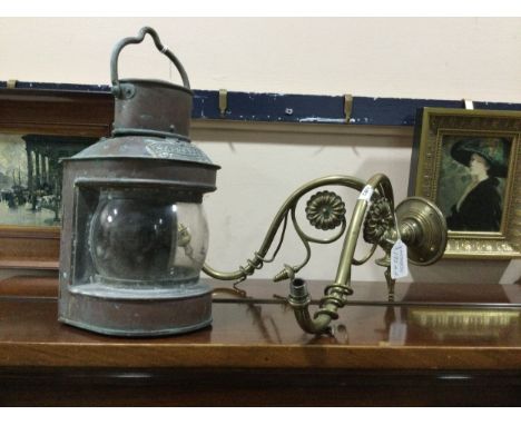 COPPER MASTHEAD LAMP, 22cm high, along with a Victorian brass wall light fitting