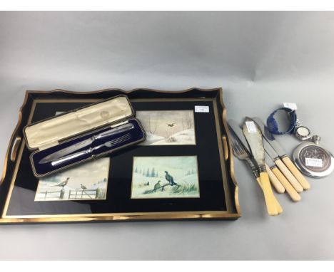 DOUBLE HANDLED TRAY, inset with four game bird prints, along with a hip flask, minor plated cutlery and two dress watches