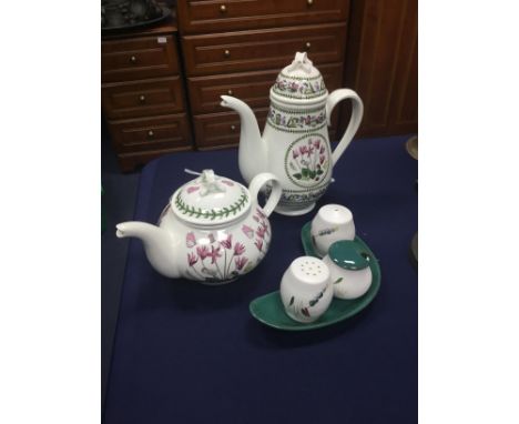 PORTMEIRION 'BOTANIC GARDEN' TEAPOT AND COVER, along with a Portmeirion 'Variations' coffee pot, a blue and white teapot, Den