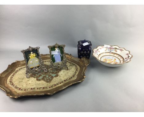 SILVER PLATED AND BRASS PICTURE FRAME, along with a painted serving tray, a bowl and a tea caddy