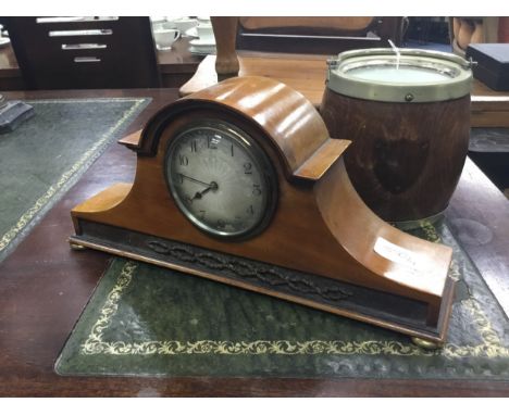 20TH CENTURY STAINED WOOD MANTEL CLOCK, on brass feet, along with a vintage bathroom mirror, brass bell and barrel shaped sto