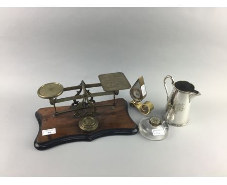 SET OF VICTORIAN BRASS AND WALNUT POSTAL SCALES, of large proportions, along with a Swiza timepiece, glass inkwell, plated ca